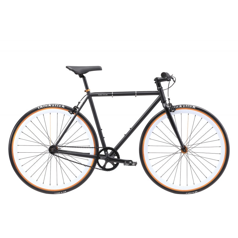 Pure cycles Original Step-Over 61cm Mike – Matte Black 700c White w/Gold 1 Speed Rim Brakes
