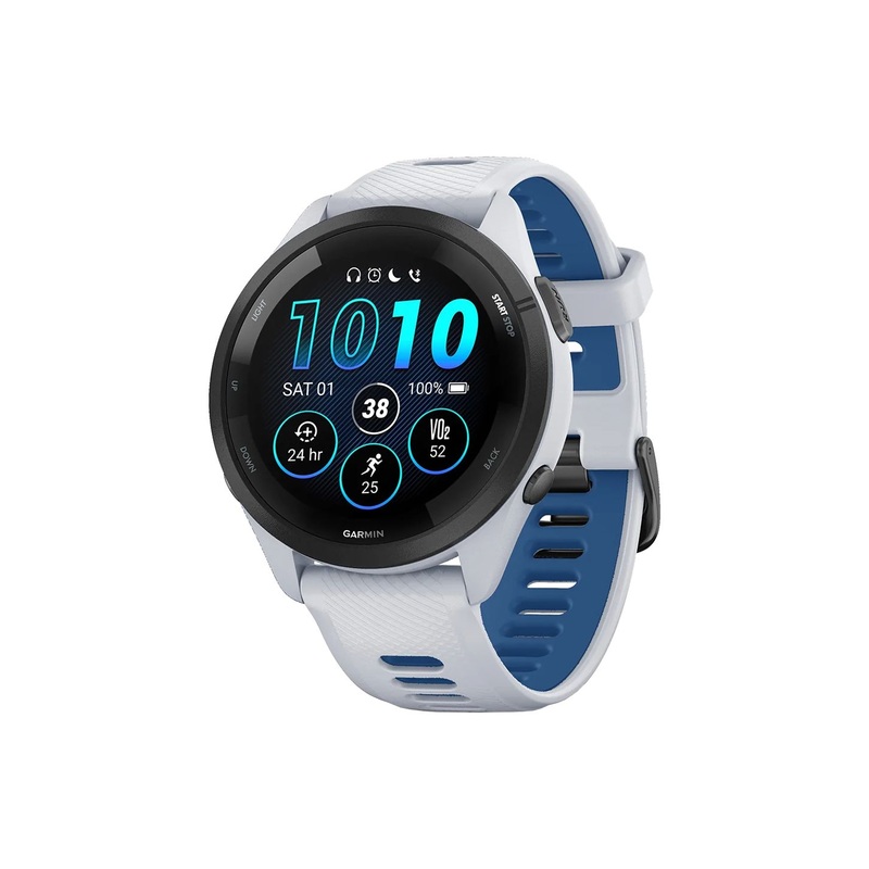 Garmin Forerunner 265 GPS Smartwatch – 46mm BLK Bezel Whitestone Case Whitestone/Tidal Blue Silicone Band